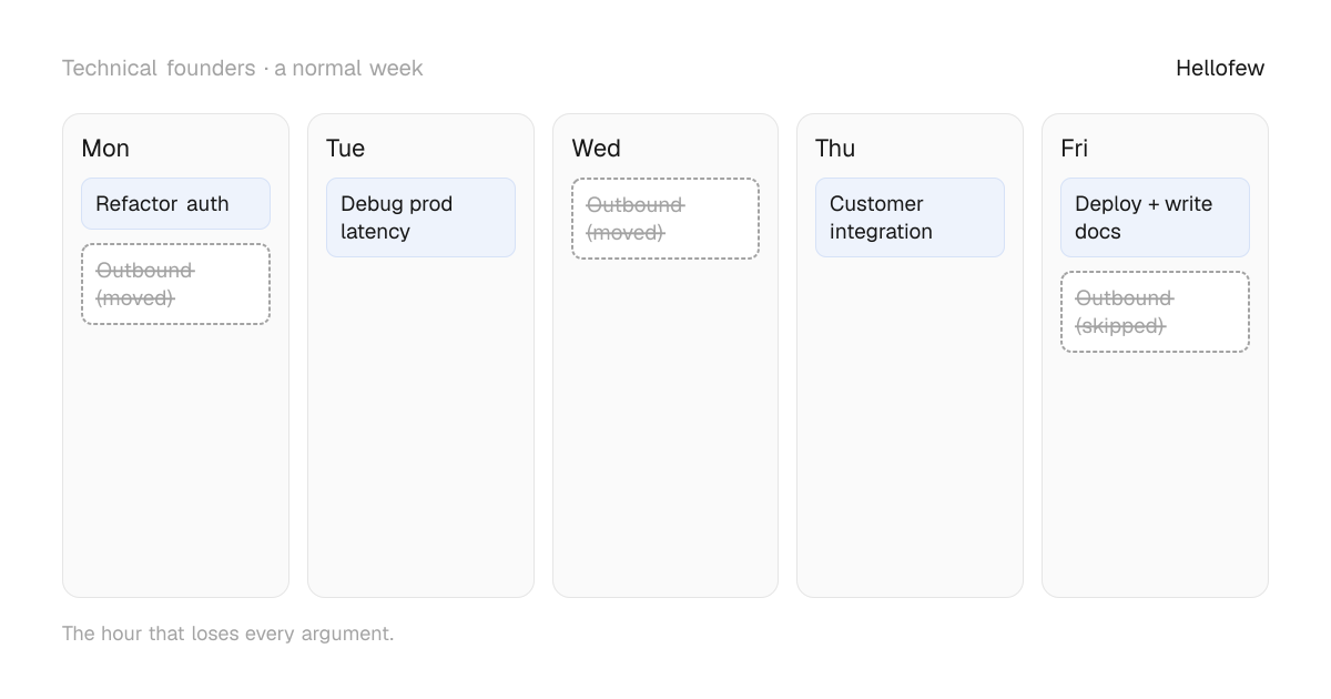 A working week for technical founders: Refactor auth, Debug prod latency, Customer integration, Deploy + write docs — and outbound, moved or skipped 3 times.